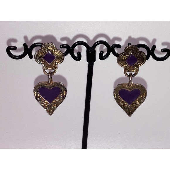 Purple & Gold-Tone Art Nouveau Heart Dangle Earrings Vintage! - Picture 4 of 10